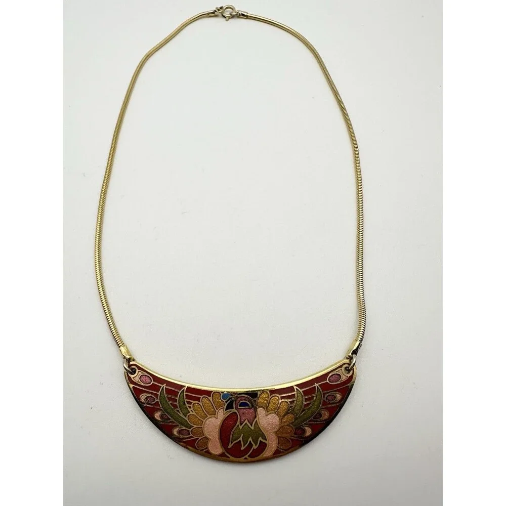 Vintage Colorful Cloisonné Bird Necklace 17”Gold Tone